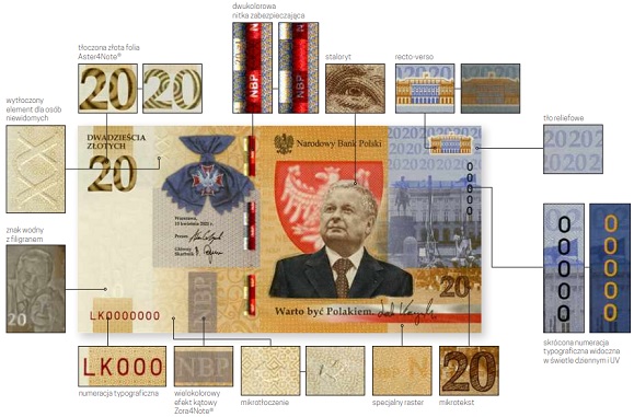 Banknot Lech Kaczyński awers zabezpieczenia