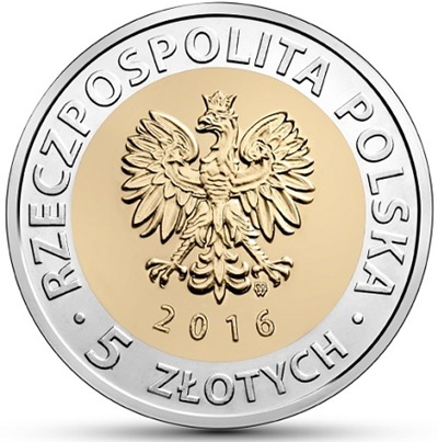 Awers moneta okolicznościowa 5 złotych 2016