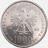 Awers monety 1000 zł Jan Paweł II 1982